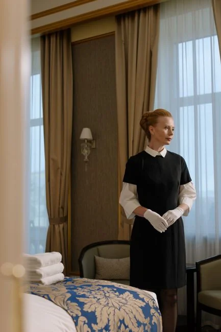 Side view of a young male employee holding a stack of white towels while standing in the bathroom of a luxury hotel